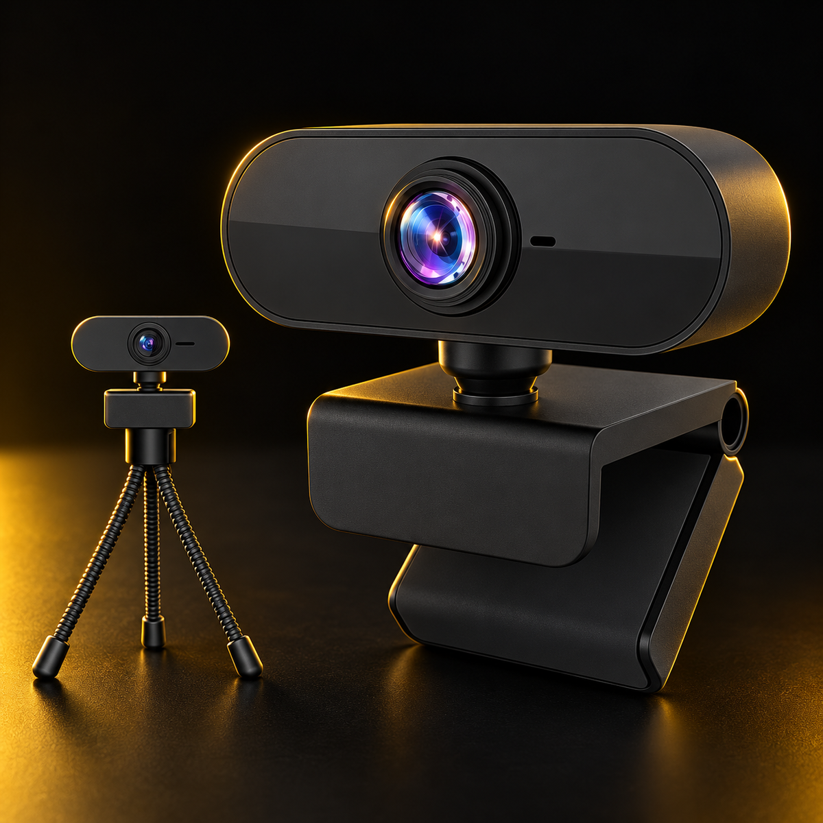 Black 1080P webcam with microphone, monitor clip and mini tripod