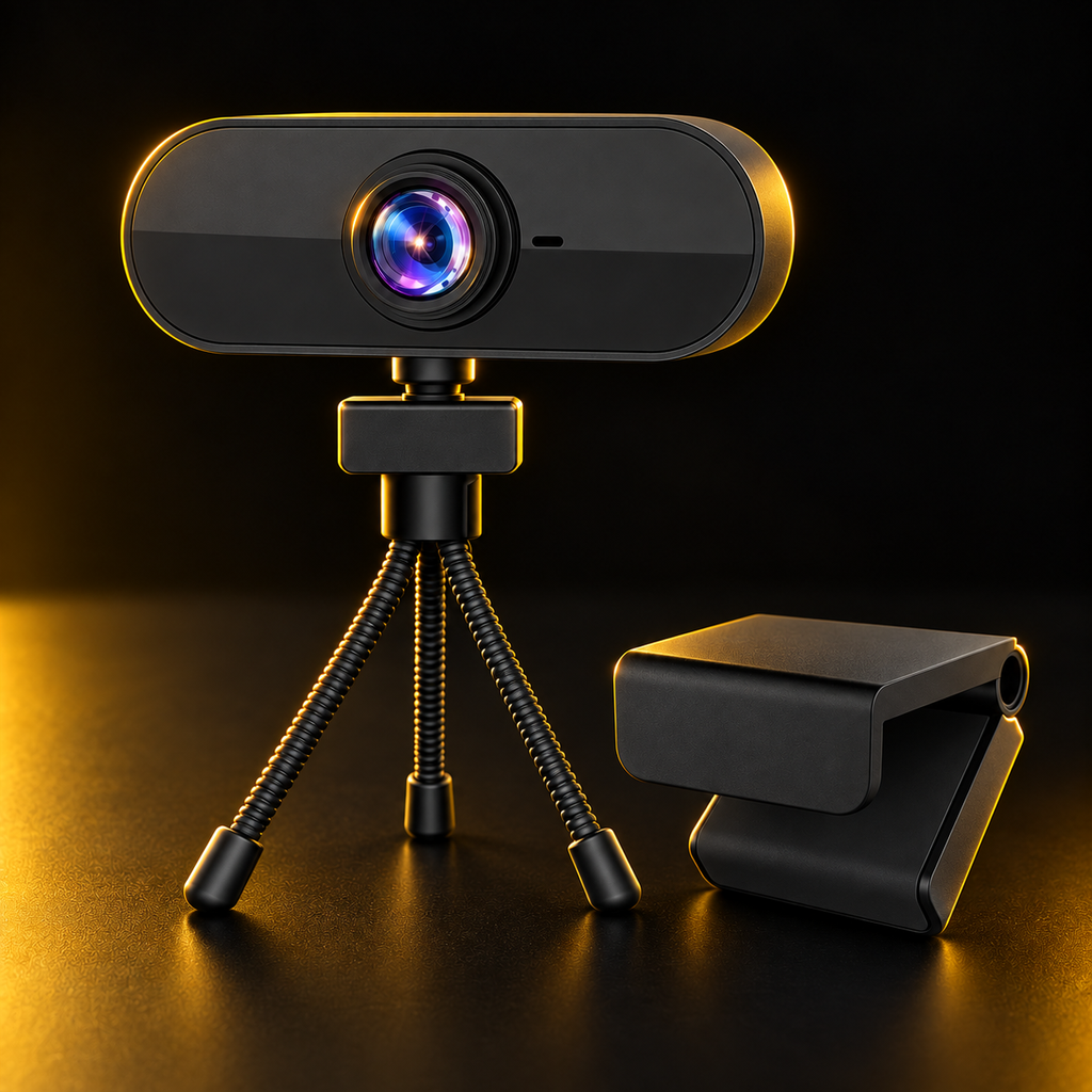 Black 1080P webcam on mini tripod with monitor clip