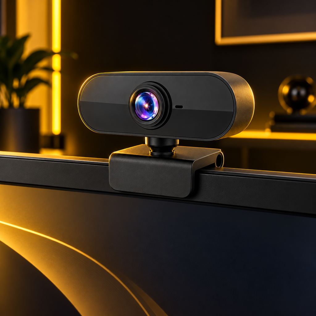Black 1080P webcam mounted on a desktop monitor