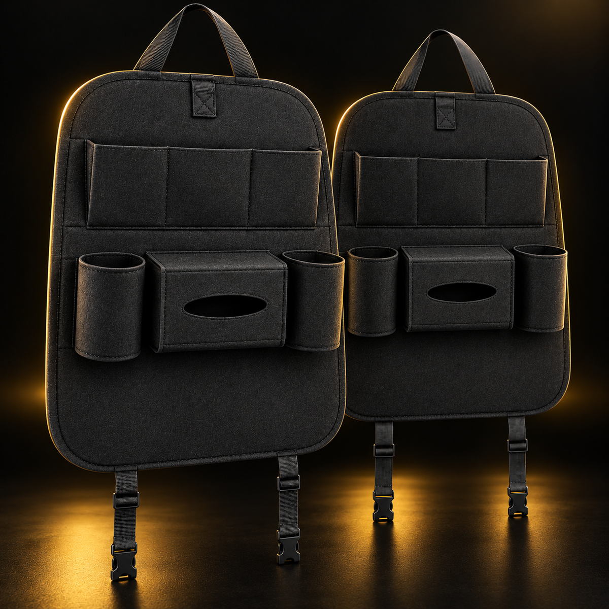 Detailed view of two black car seat organizers