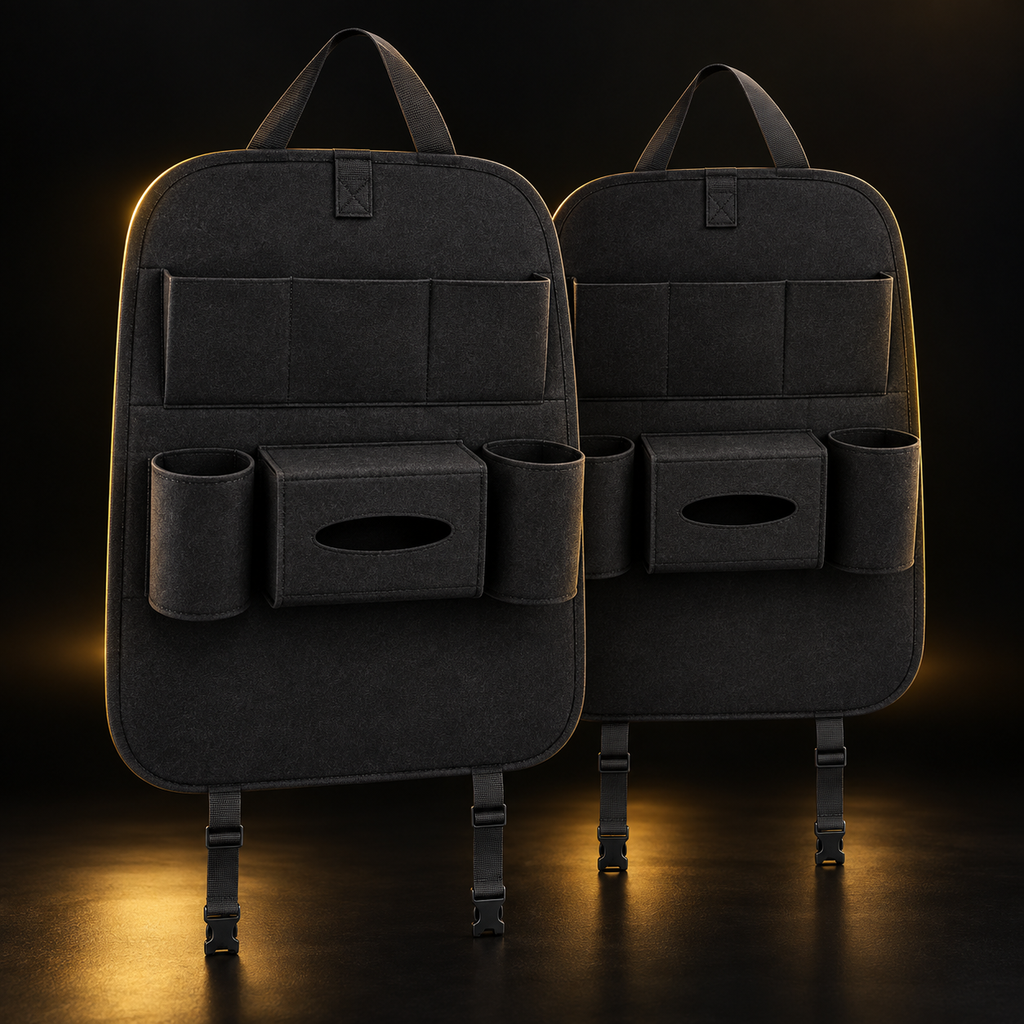 Two black car seat back organizers on black and gold background
