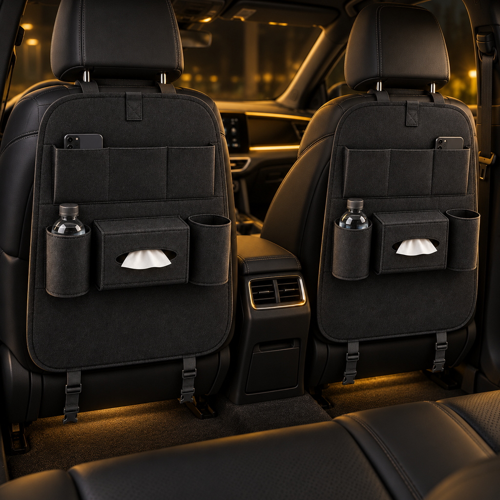 Two black organizers installed on front car seats