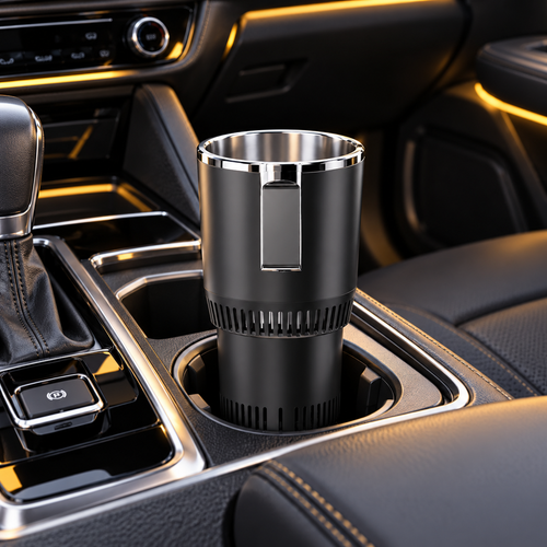 Black 12V car drink warmer and cooler installed in a centre console