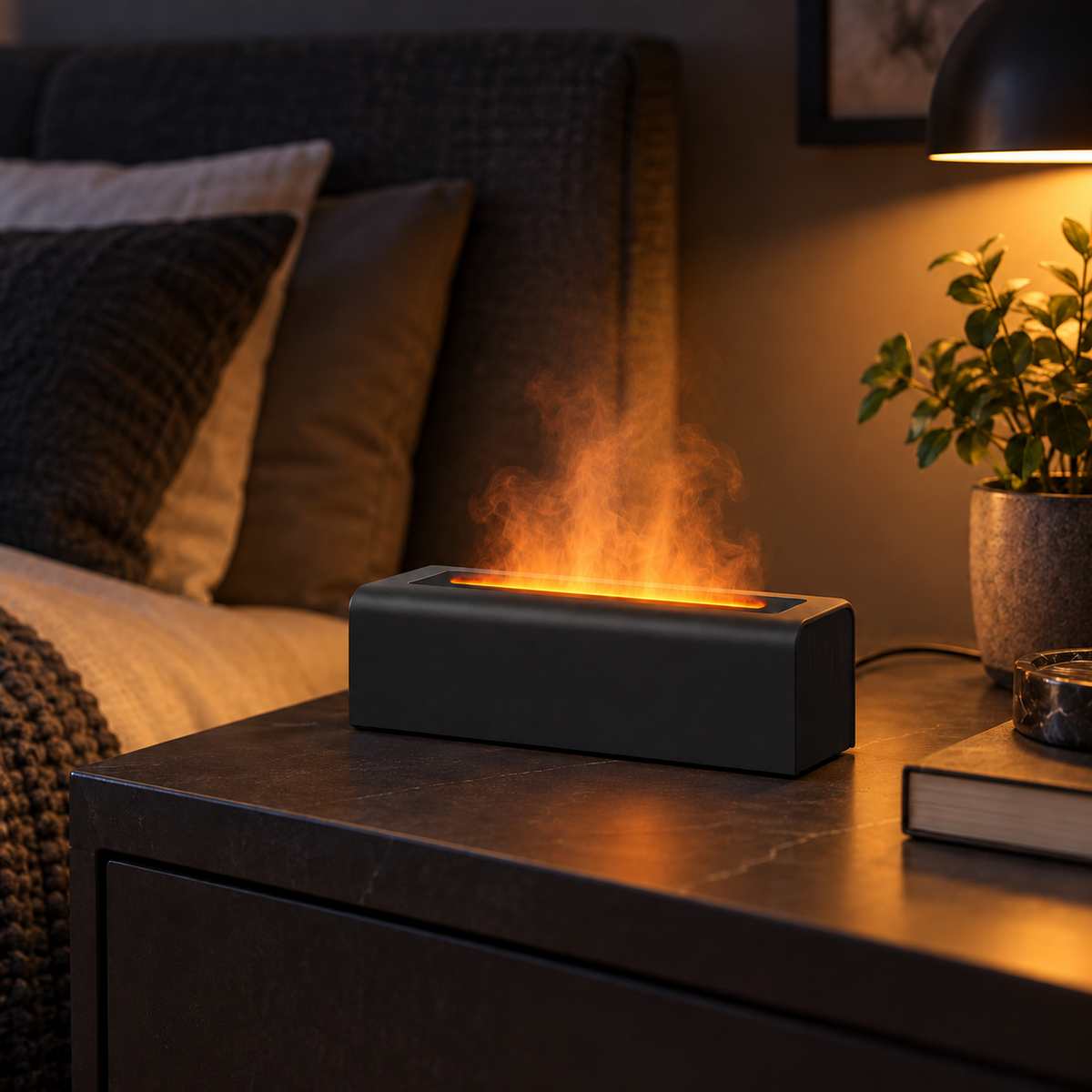Black flame effect aroma diffuser on a modern bedside table