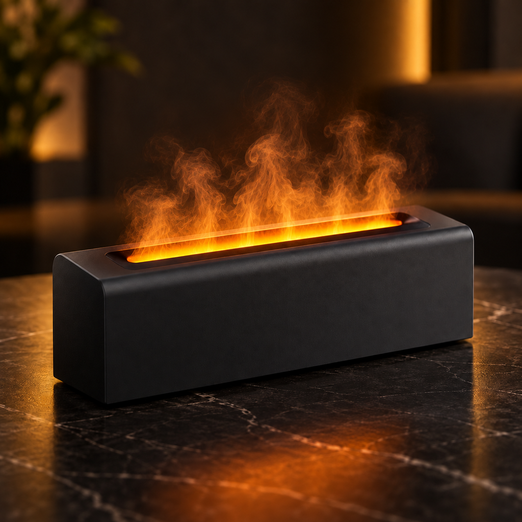 Close view of illuminated mist from a black USB aroma diffuser
