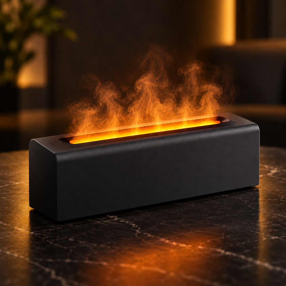 Close view of illuminated mist from a black USB aroma diffuser