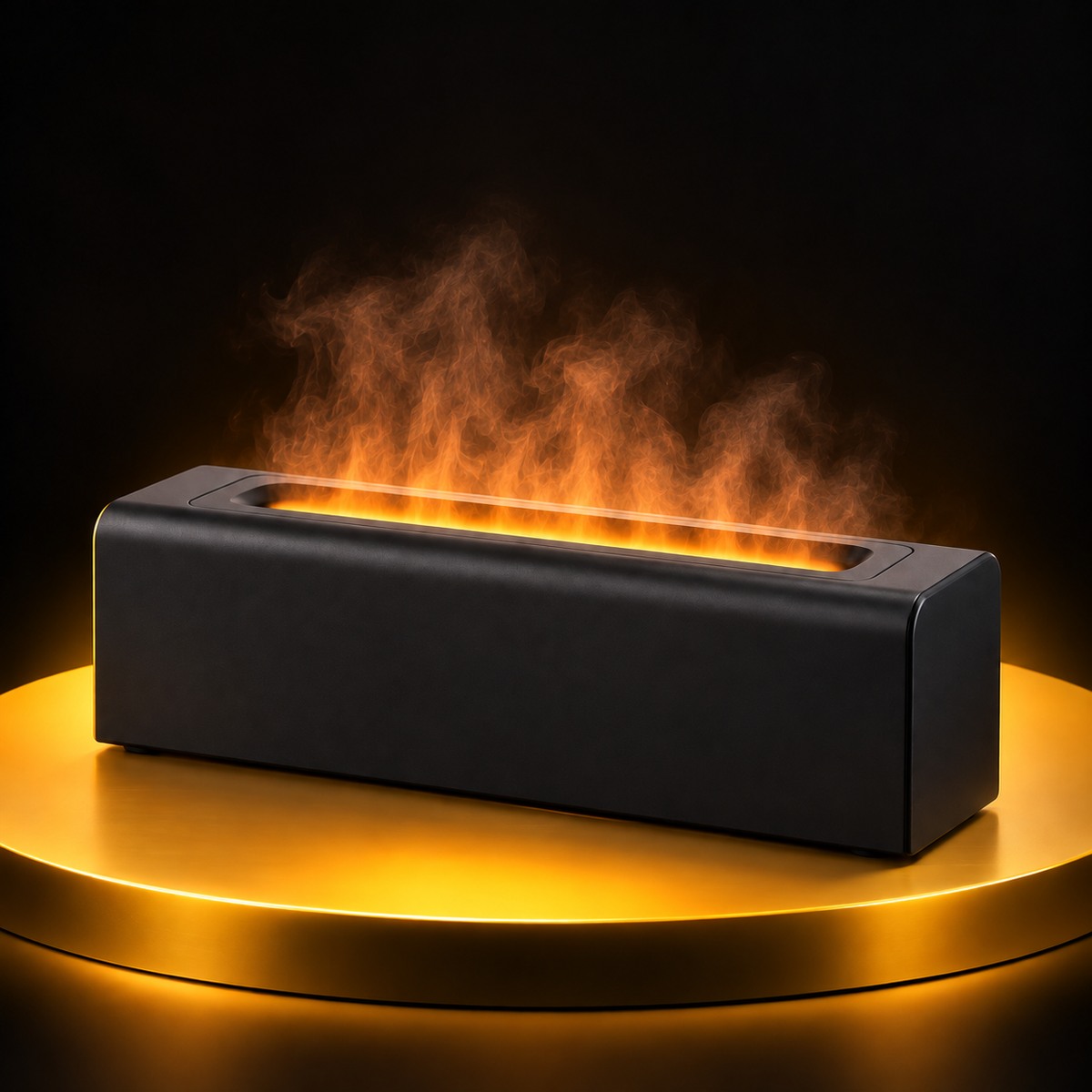Black USB aroma diffuser with warm illuminated mist on a black and yellow background