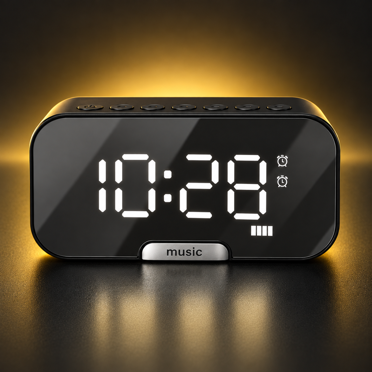 Front view of black mirror digital alarm clock