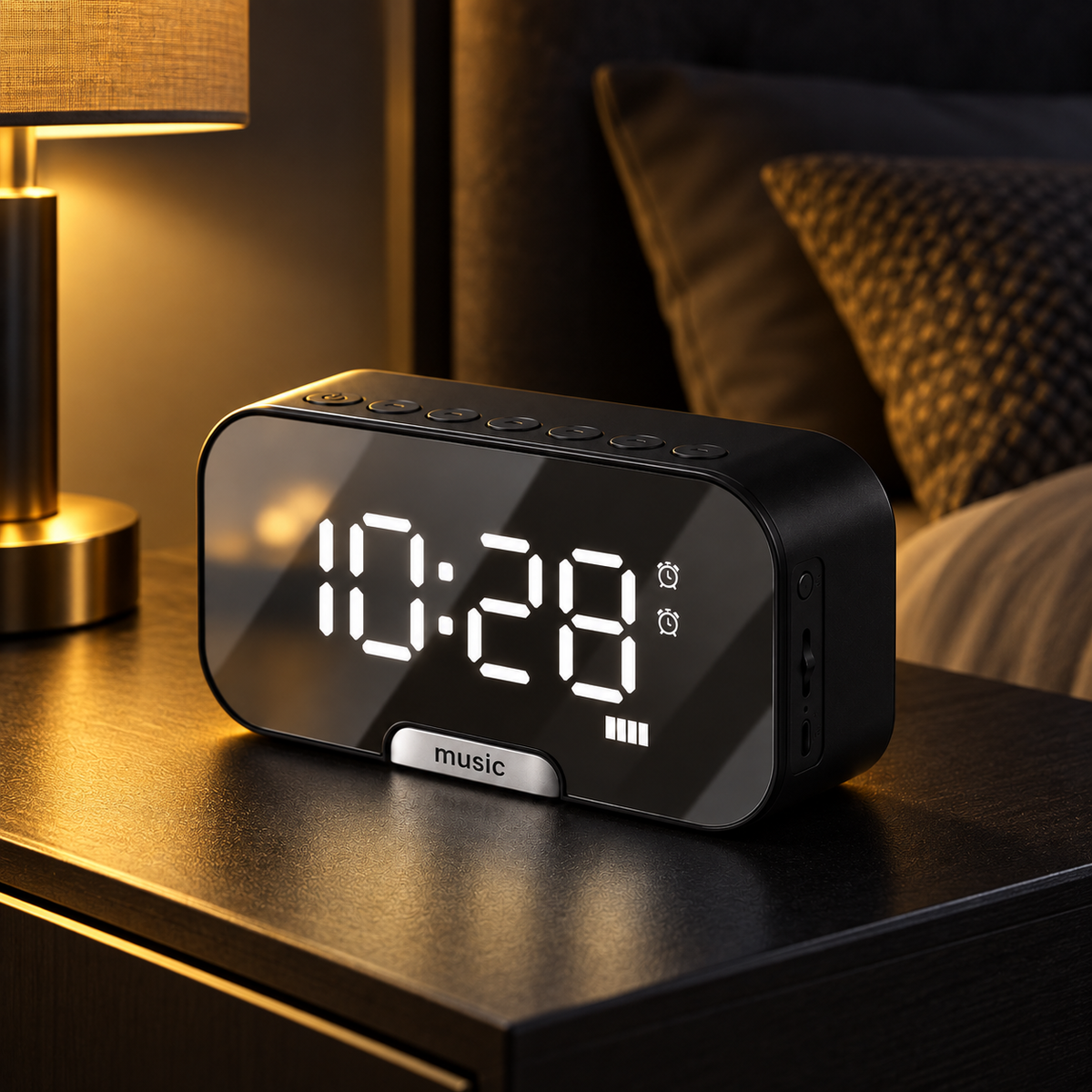 Black mirror digital alarm clock on bedside table