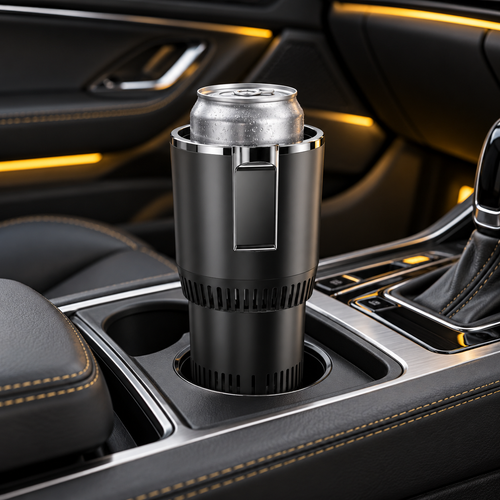 Black car drink cooler with a beverage can