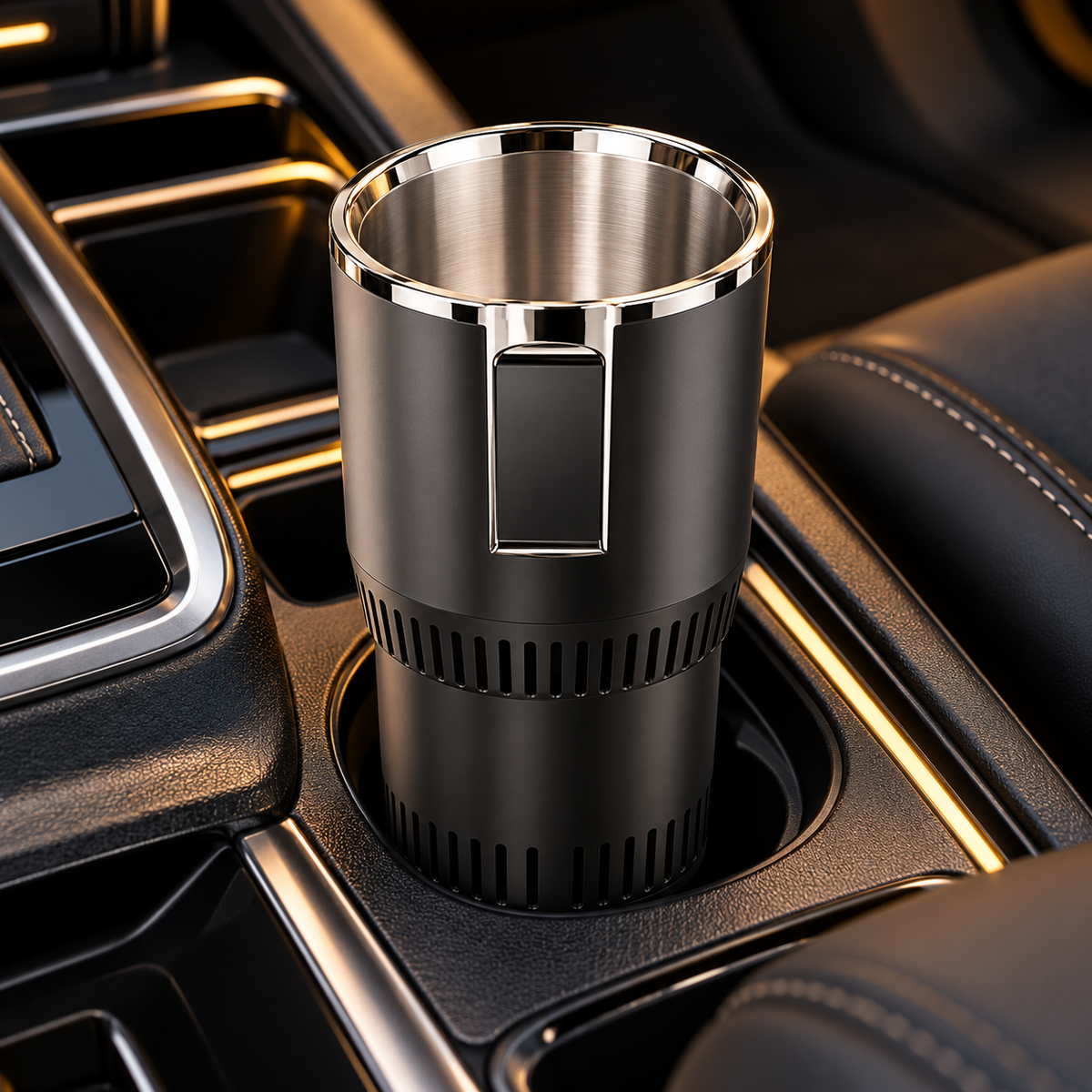 Close-up of black drink warmer and cooler in a car