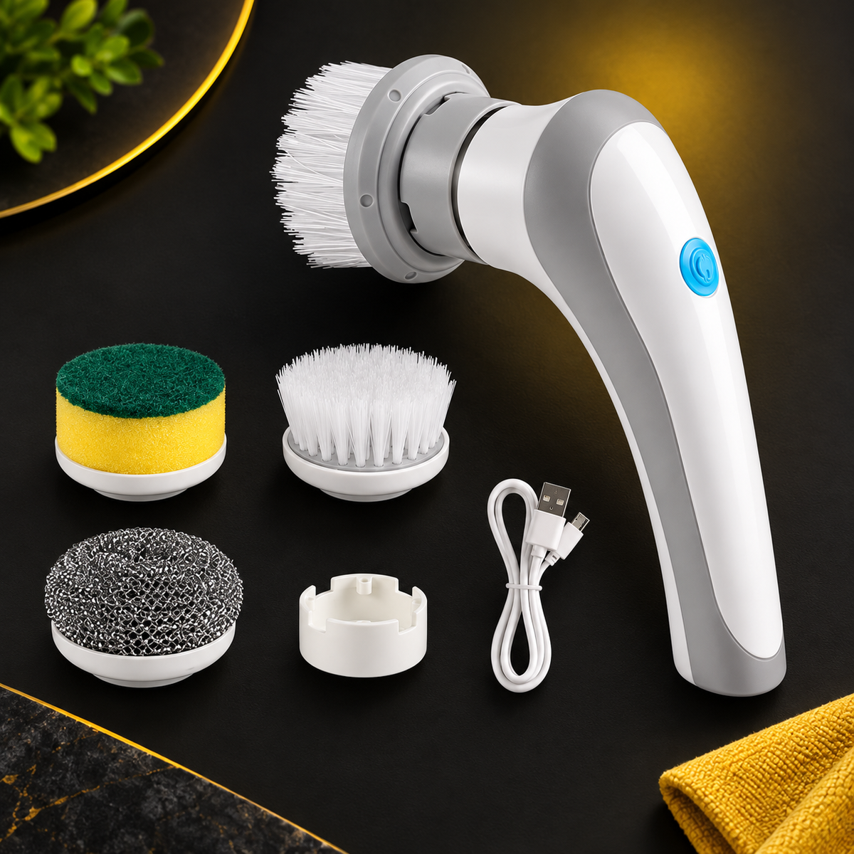 White cordless electric cleaning brush complete set with interchangeable heads and USB cable