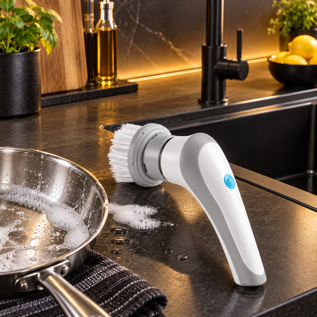 White cordless electric cleaning brush beside a kitchen sink and pan