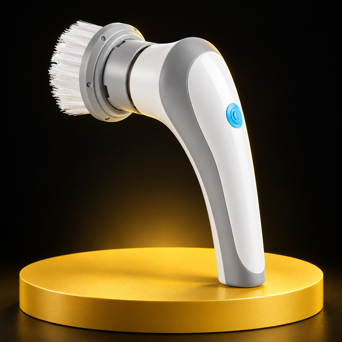 White cordless electric cleaning brush on a black and yellow background