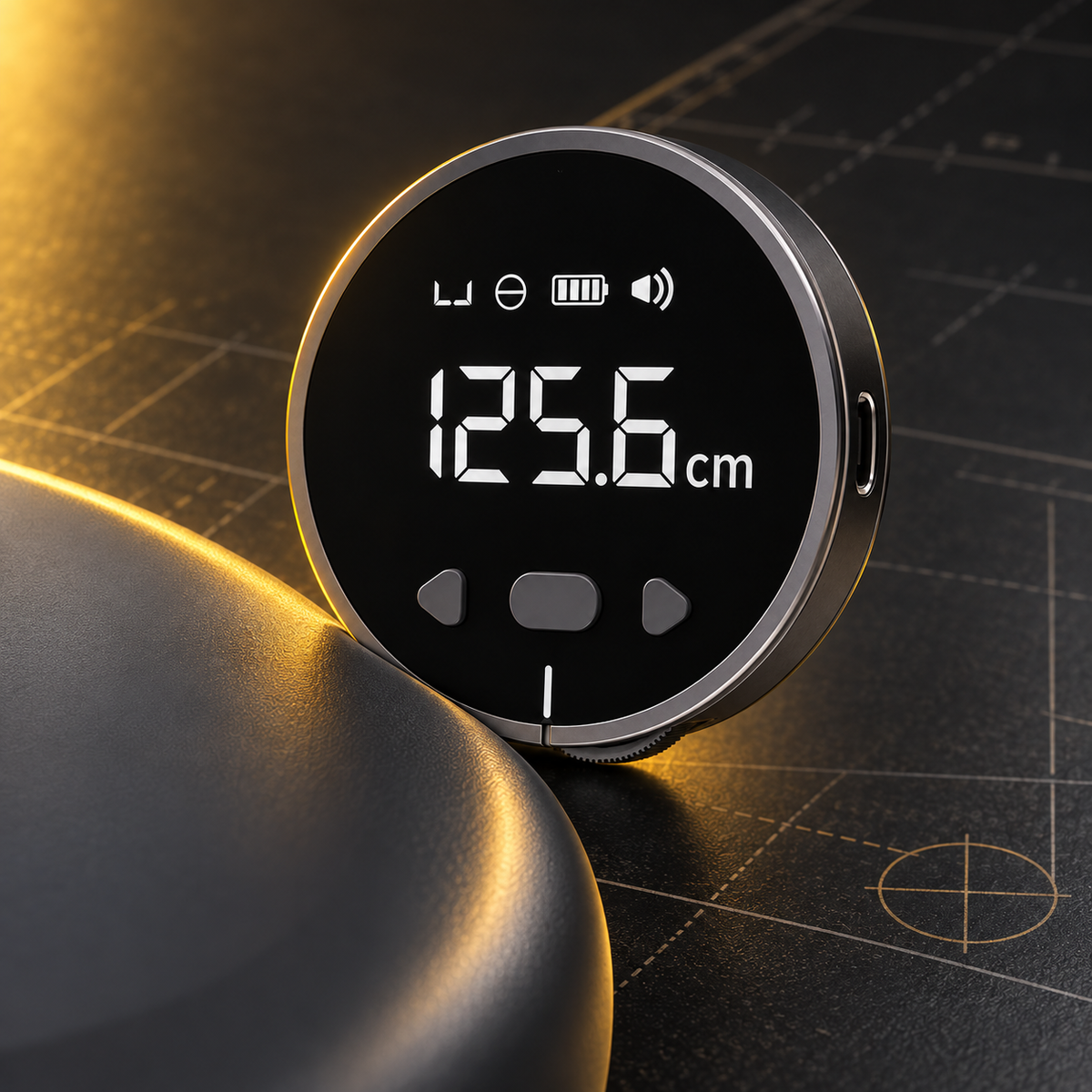 Digital measuring wheel positioned against a curved surface