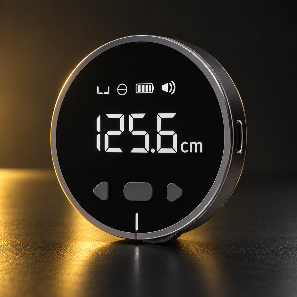 Black digital measuring wheel on black and gold background