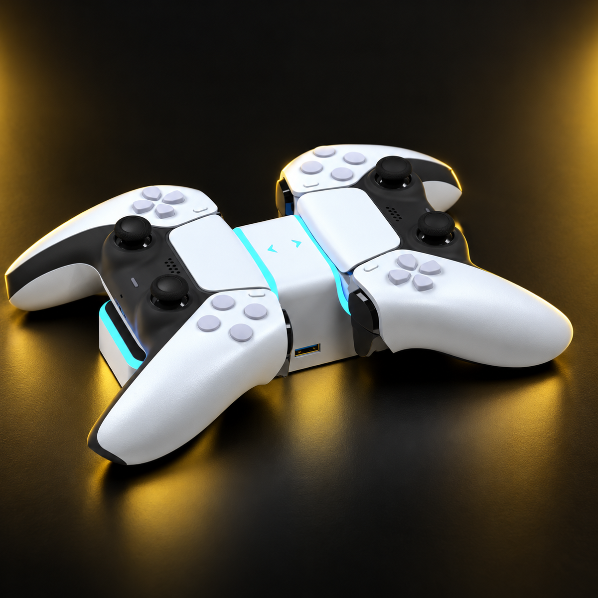 Two white controllers positioned correctly on the dual charging dock