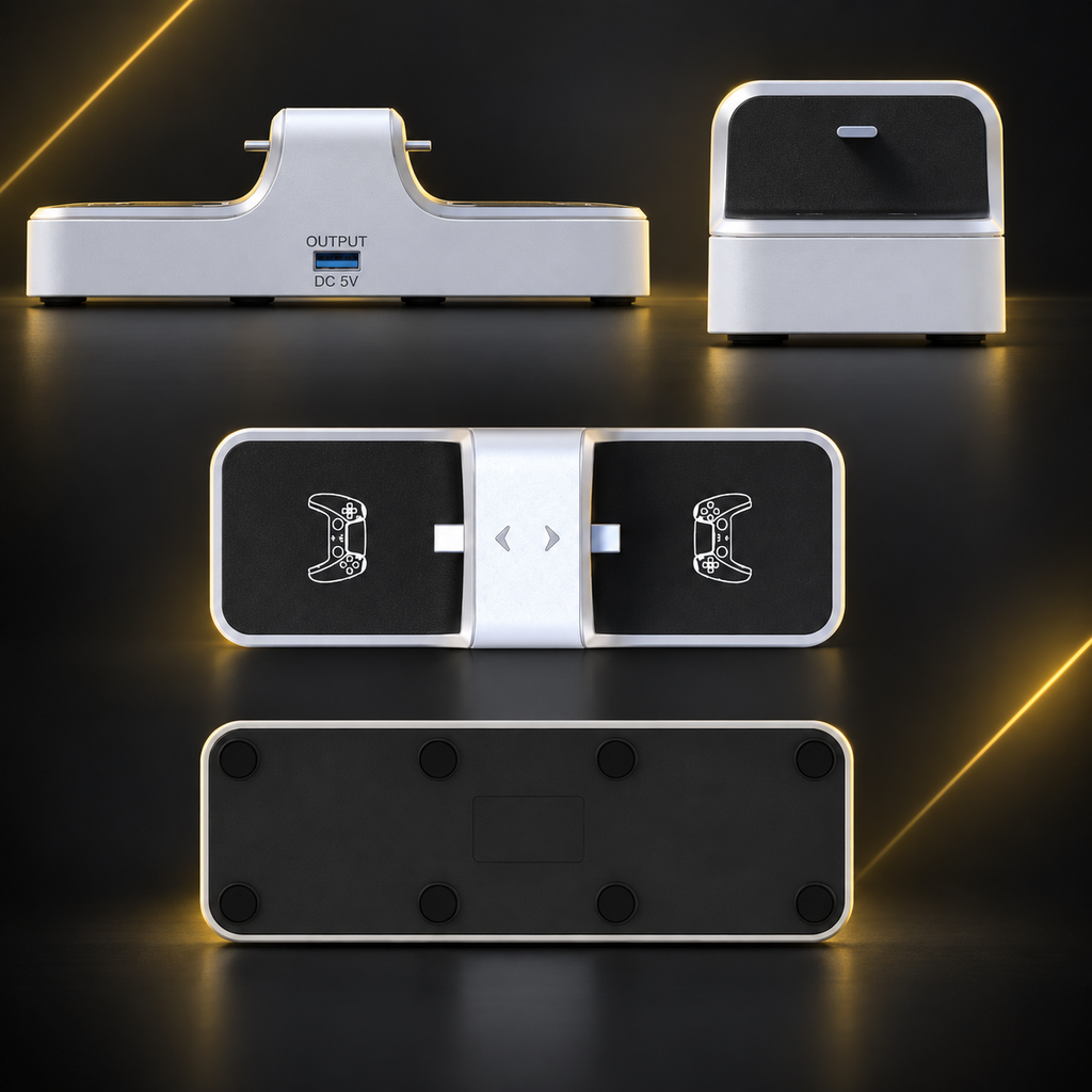Multiple views of the white dual controller charging dock