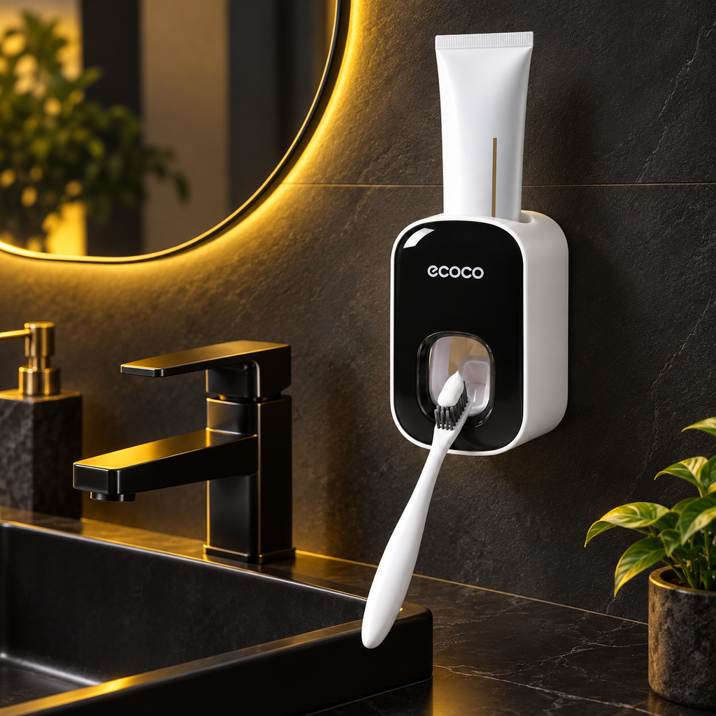 ECOCO wall-mounted toothpaste dispenser in a modern black bathroom