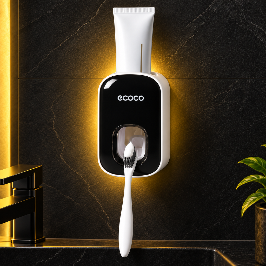 ECOCO wall-mounted toothpaste dispenser in black and yellow setting