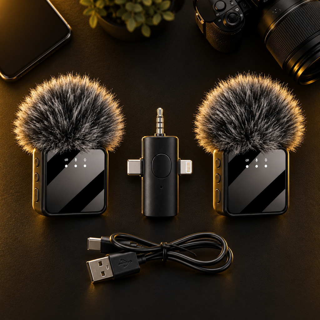F11-2 dual wireless microphone kit in a creator desk setup