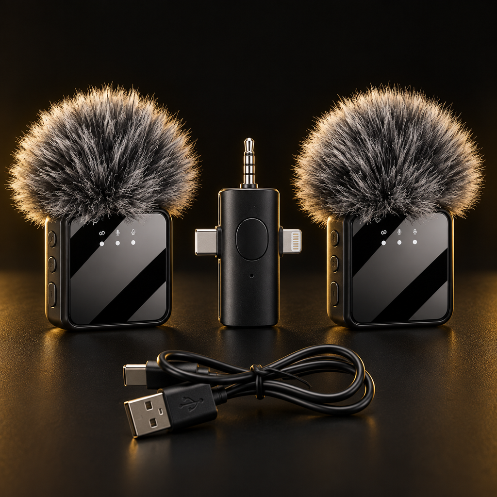 F11-2 dual wireless microphone kit with two identical microphones, receiver and charging cable