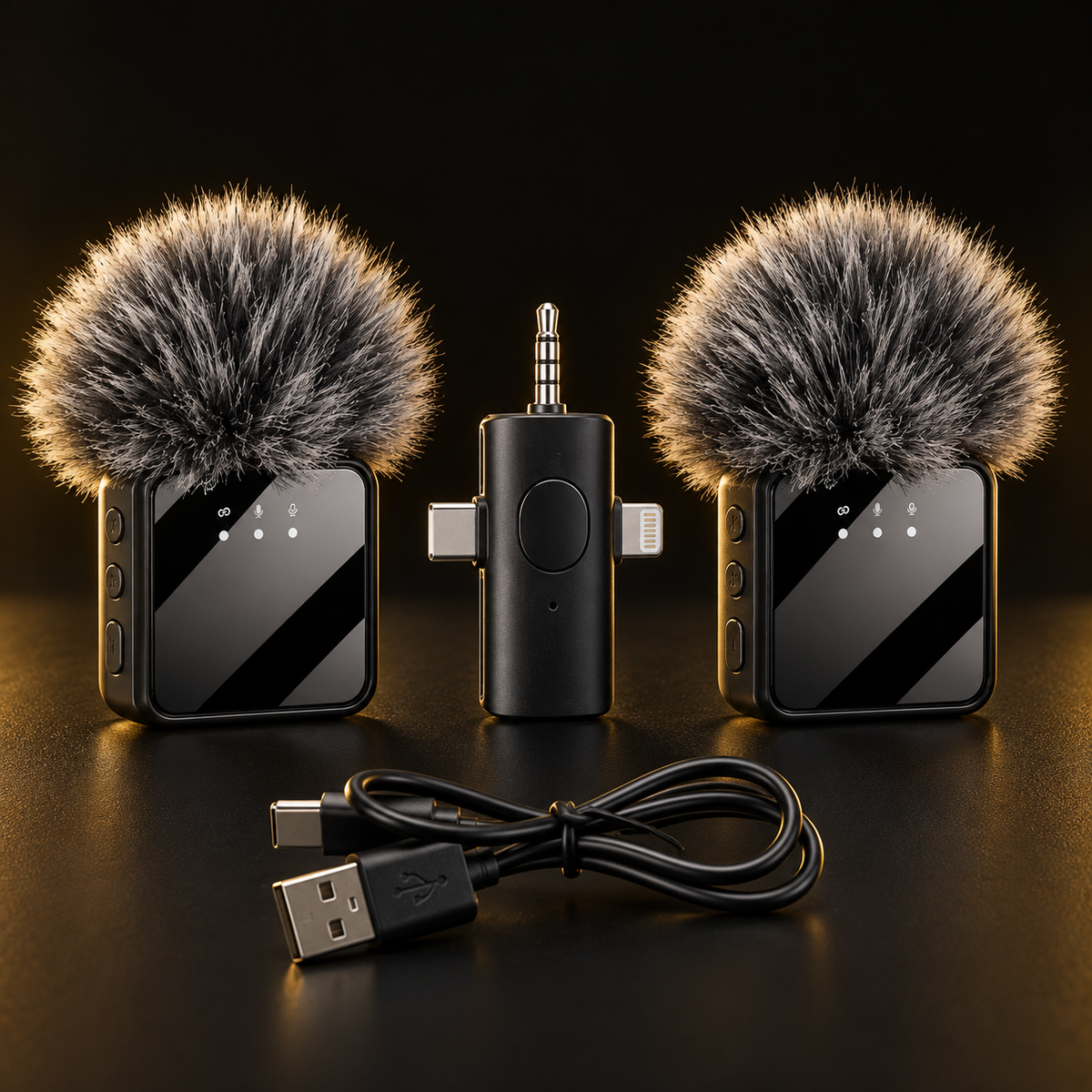 F11-2 dual wireless microphone kit with two identical microphones, receiver and charging cable
