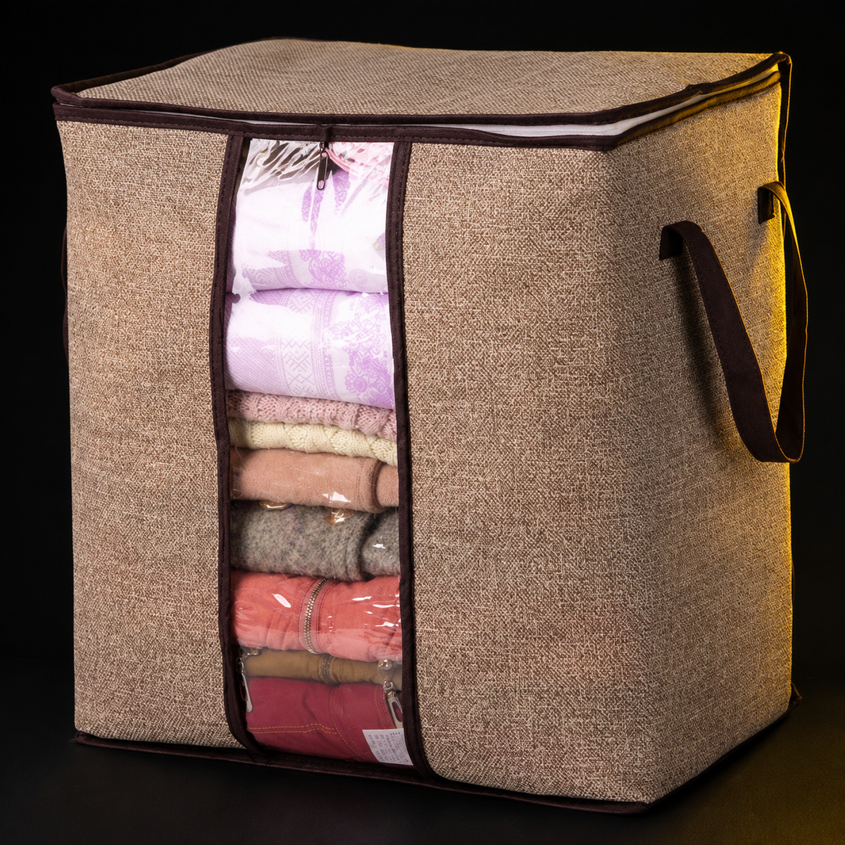Close view of the organizer fabric, clear window, zipper and handle