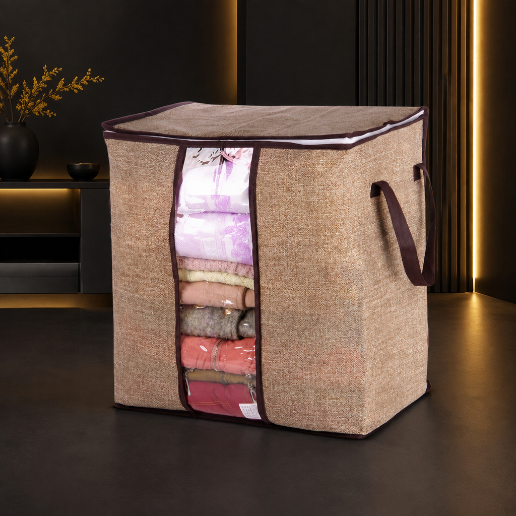 Beige-brown foldable wardrobe storage organizer in a black and yellow interior