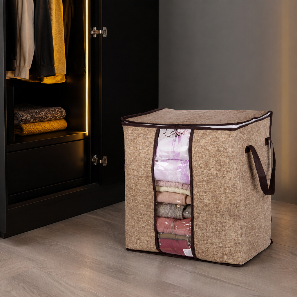 Beige-brown organizer beside an open black wardrobe