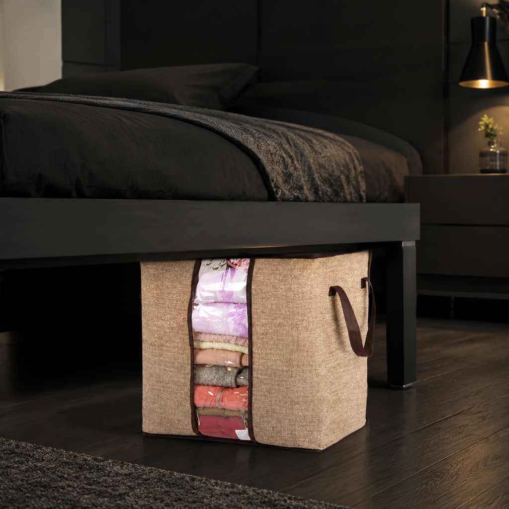 Foldable storage organizer positioned under a modern bed
