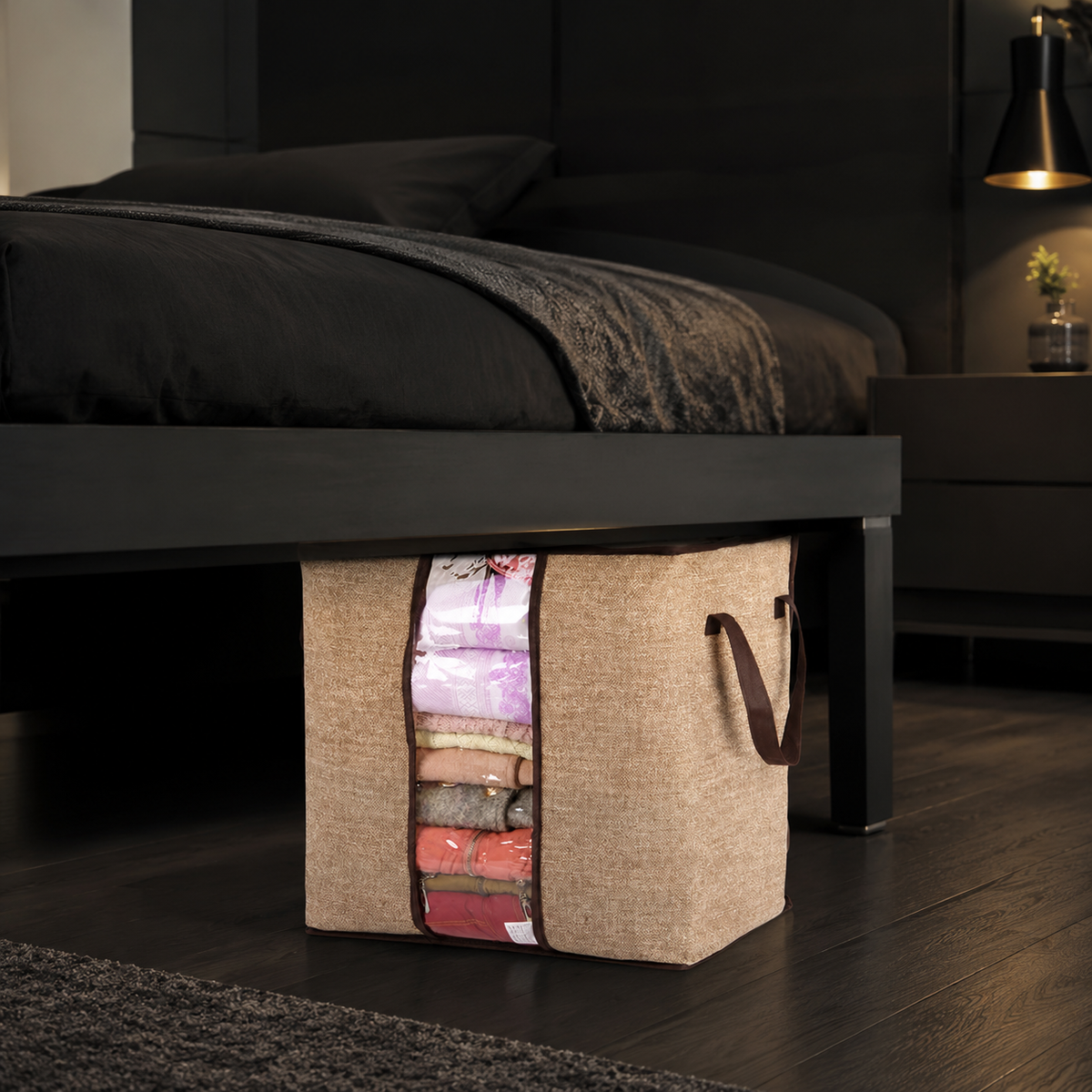 Foldable storage organizer positioned under a modern bed