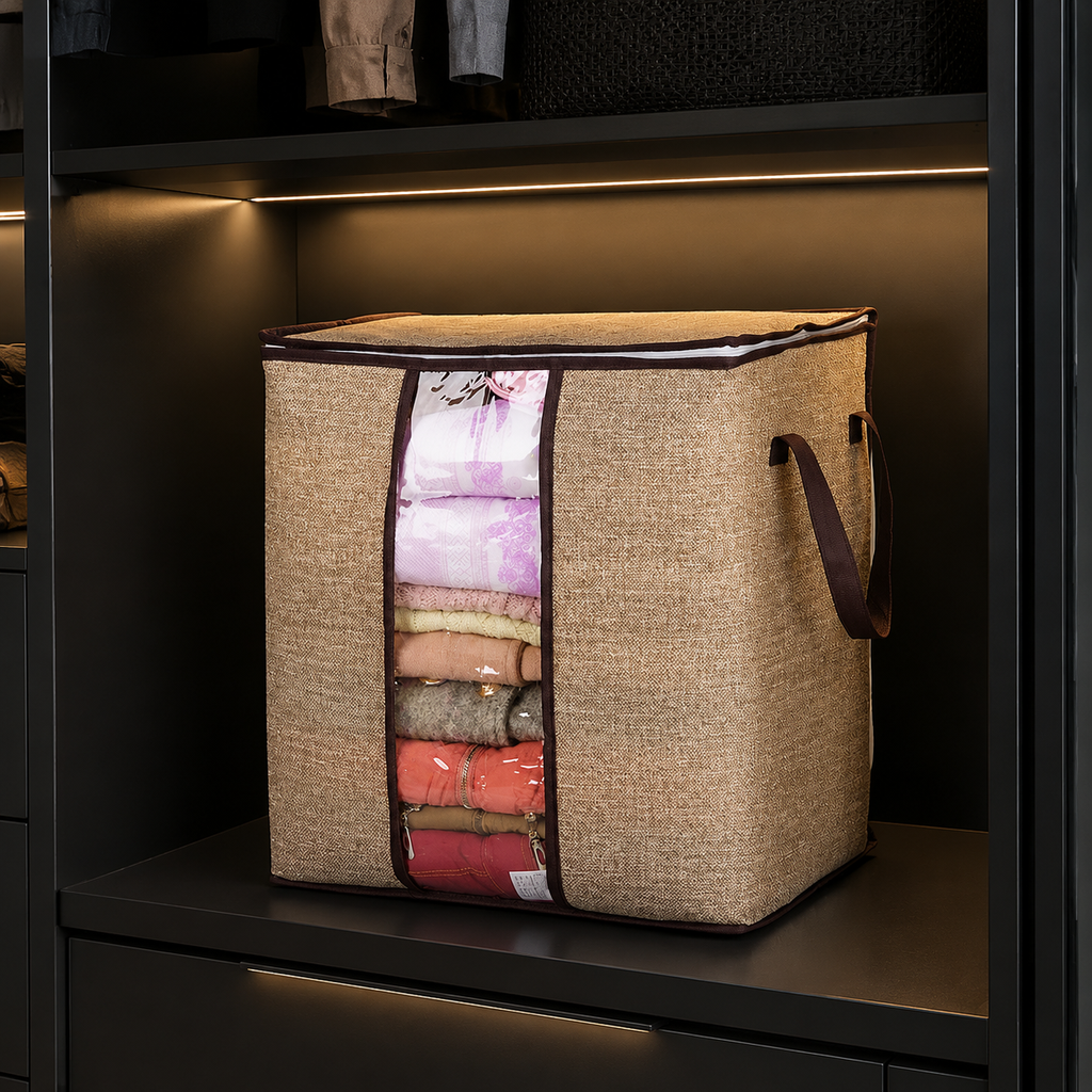 Foldable wardrobe storage organizer on a black wardrobe shelf