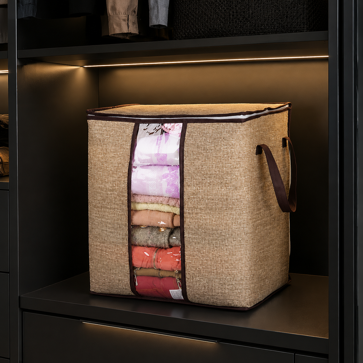 Foldable wardrobe storage organizer on a black wardrobe shelf