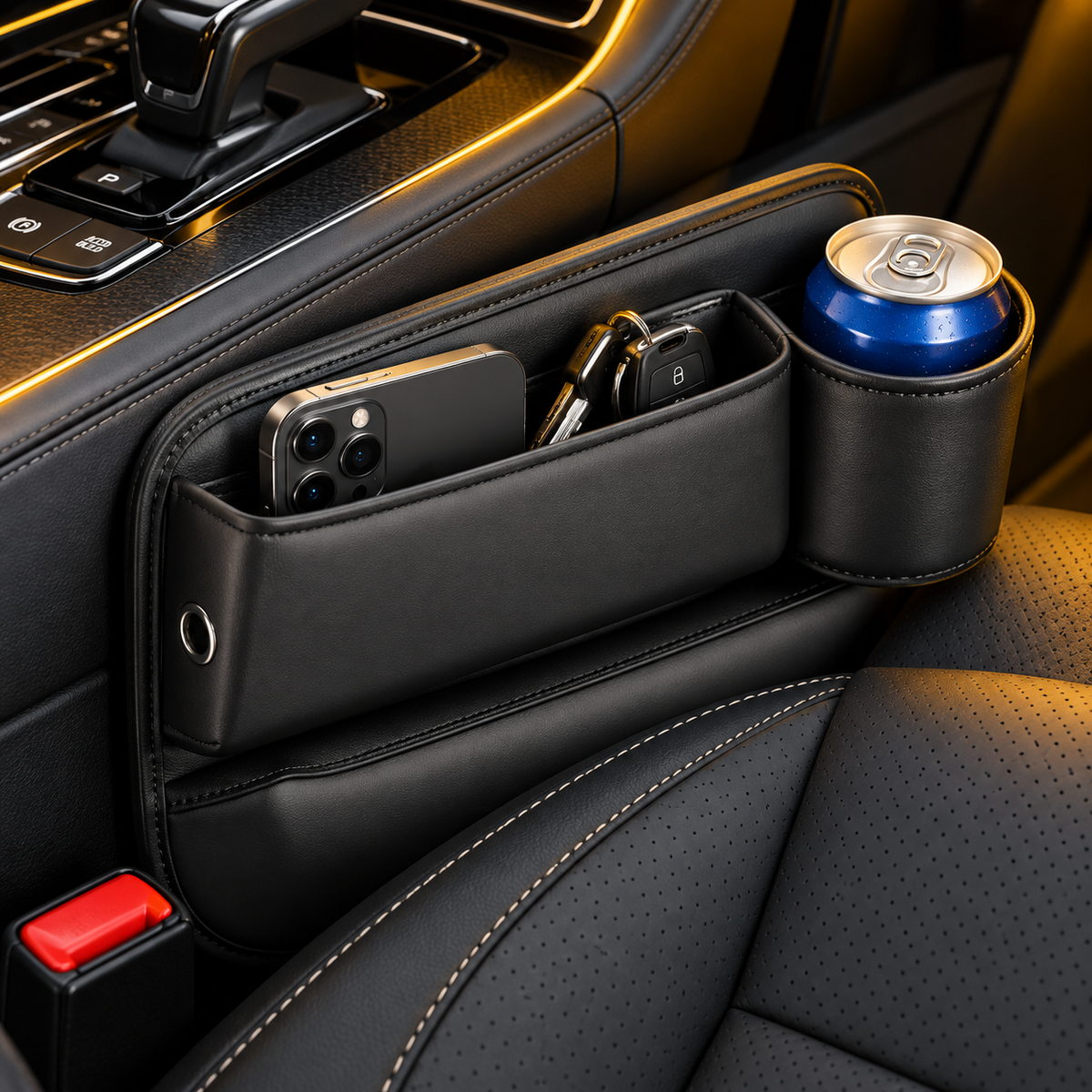 Passenger Seat Gap Organizer with Cup Holder – Black