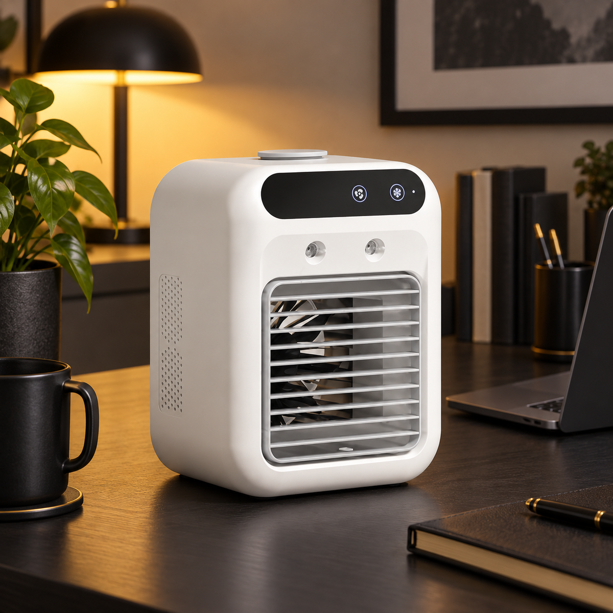 White portable mini air cooler on a modern home office desk