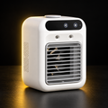 White portable mini air cooler on a black and yellow studio background