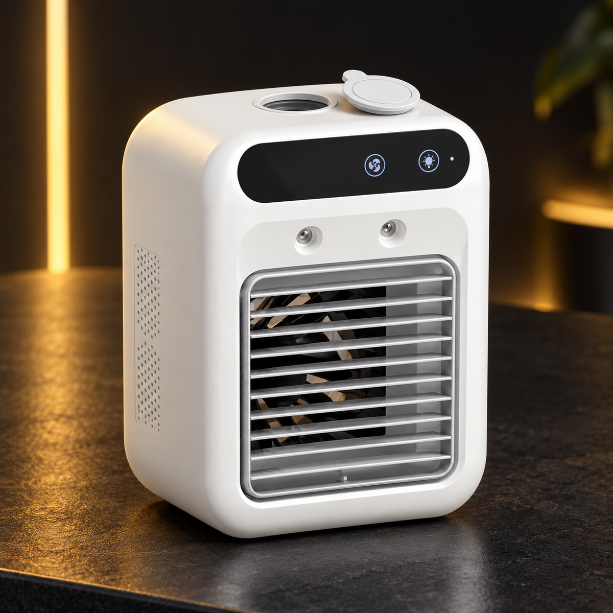 White portable mini air cooler with the top water-fill cap open