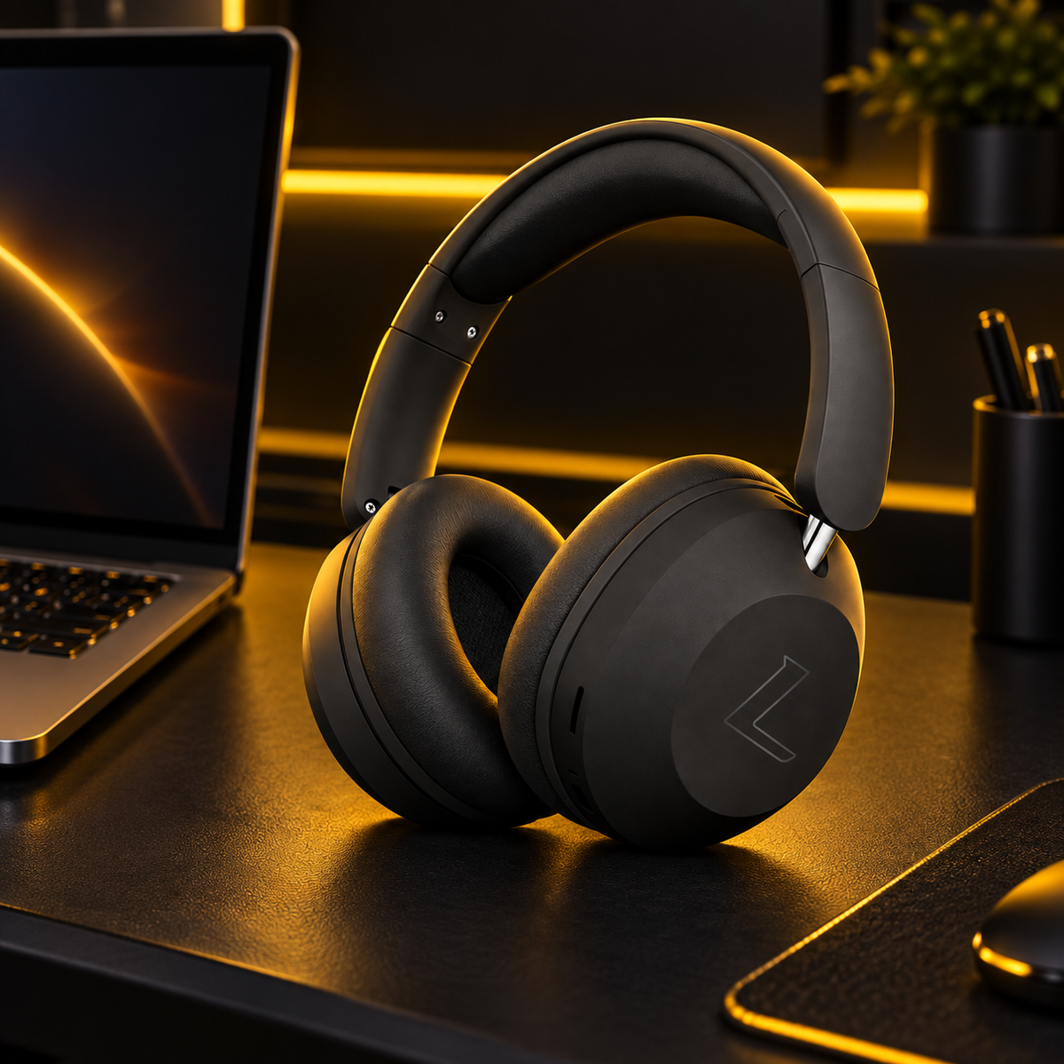 Black SY-T4 Bluetooth headphones in a desk setup