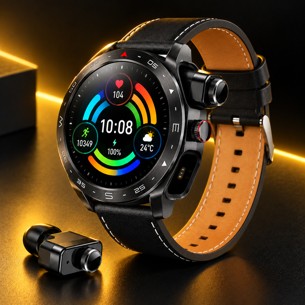 T95 smartwatch showing one earbud inserted and one open docking socket