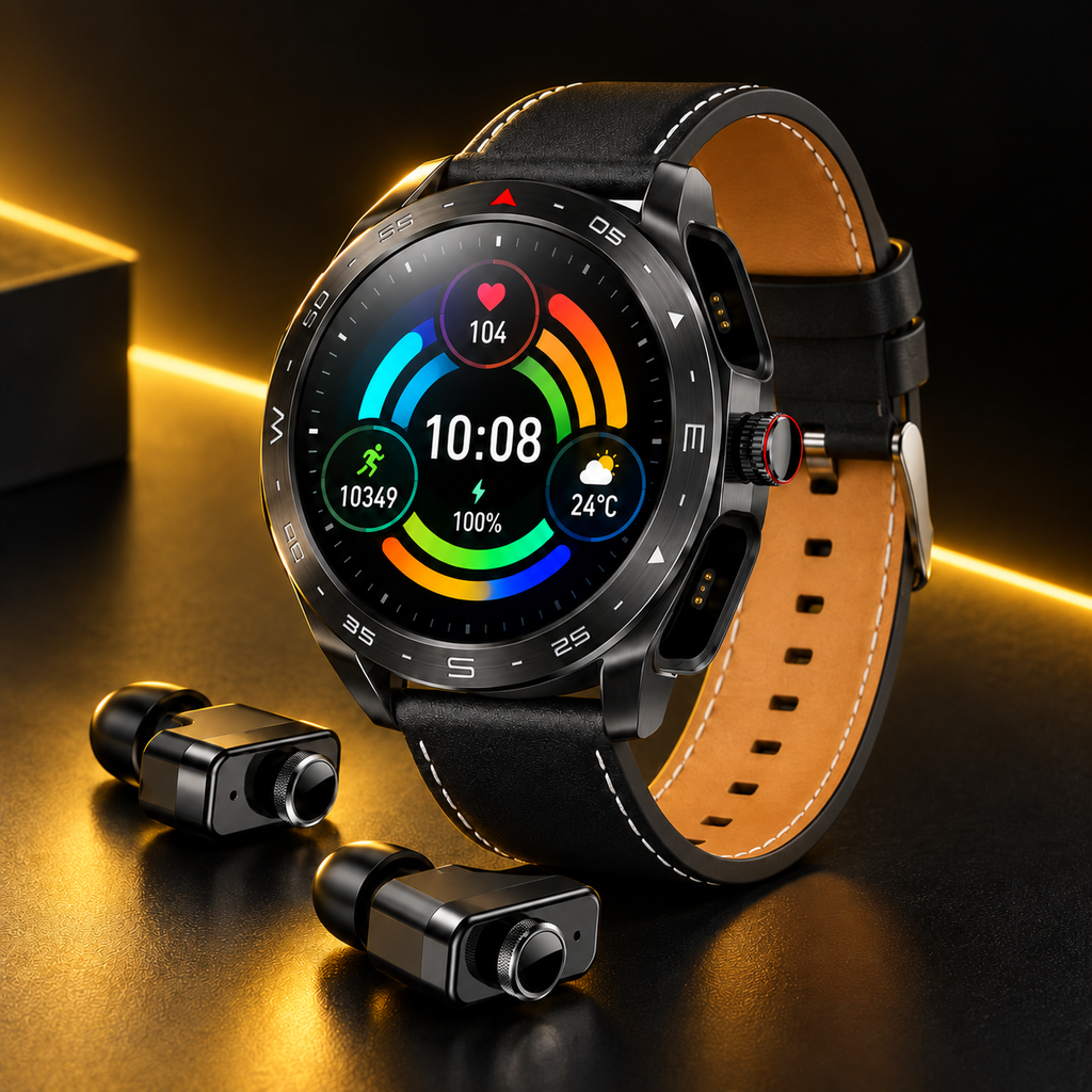 Black T95 smartwatch with two visible earbud docking sockets and two TWS earbuds