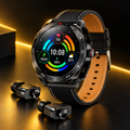 Black T95 smartwatch with two visible earbud docking sockets and two TWS earbuds