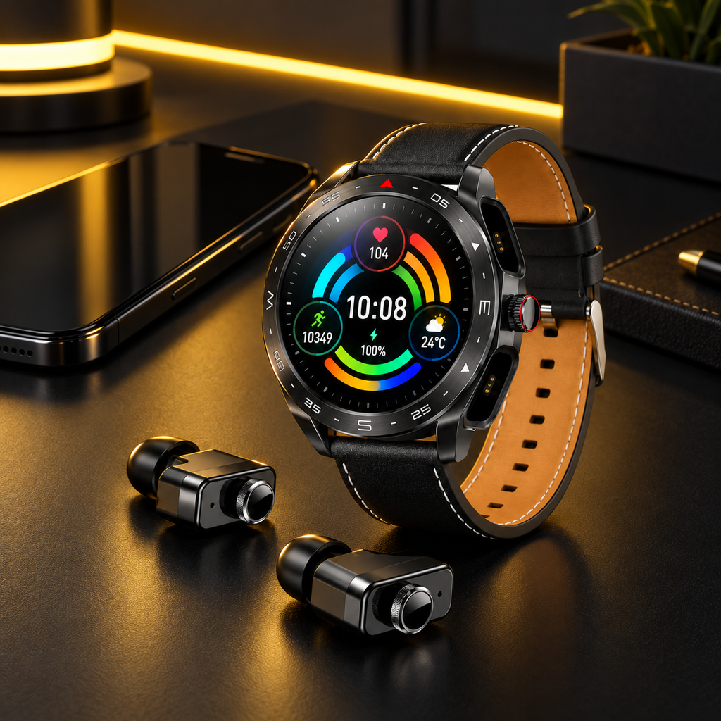 Black T95 smartwatch with both earbud docking sockets visible