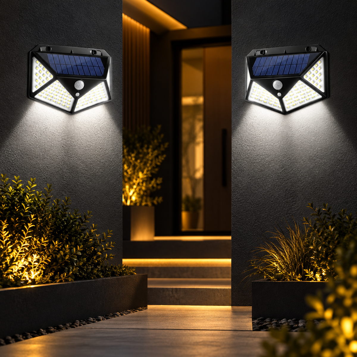 Two solar motion sensor wall lights installed on a modern exterior wall