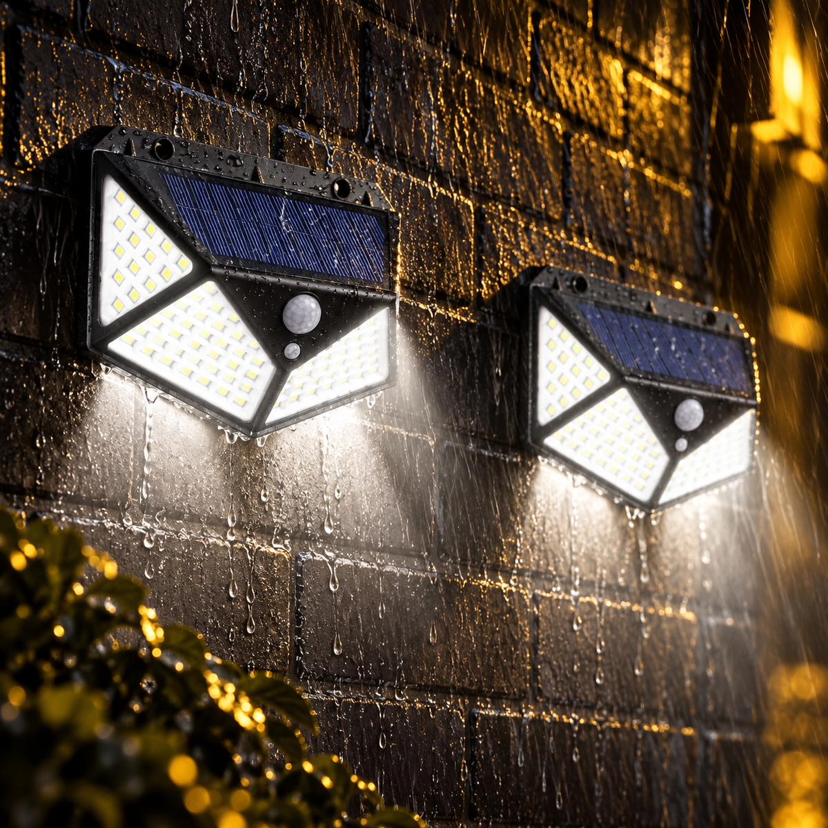 Two weather-resistant solar motion sensor wall lights operating in rain