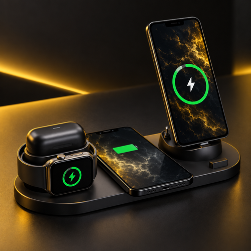 Premium black 3-in-1 charging station on a black and yellow studio background