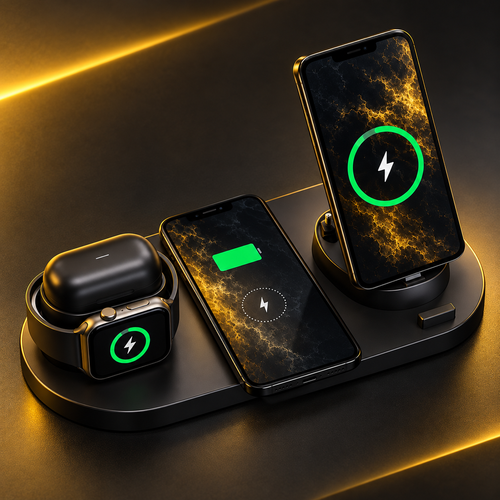 Black 3-in-1 wireless charging station in premium black and yellow studio lighting