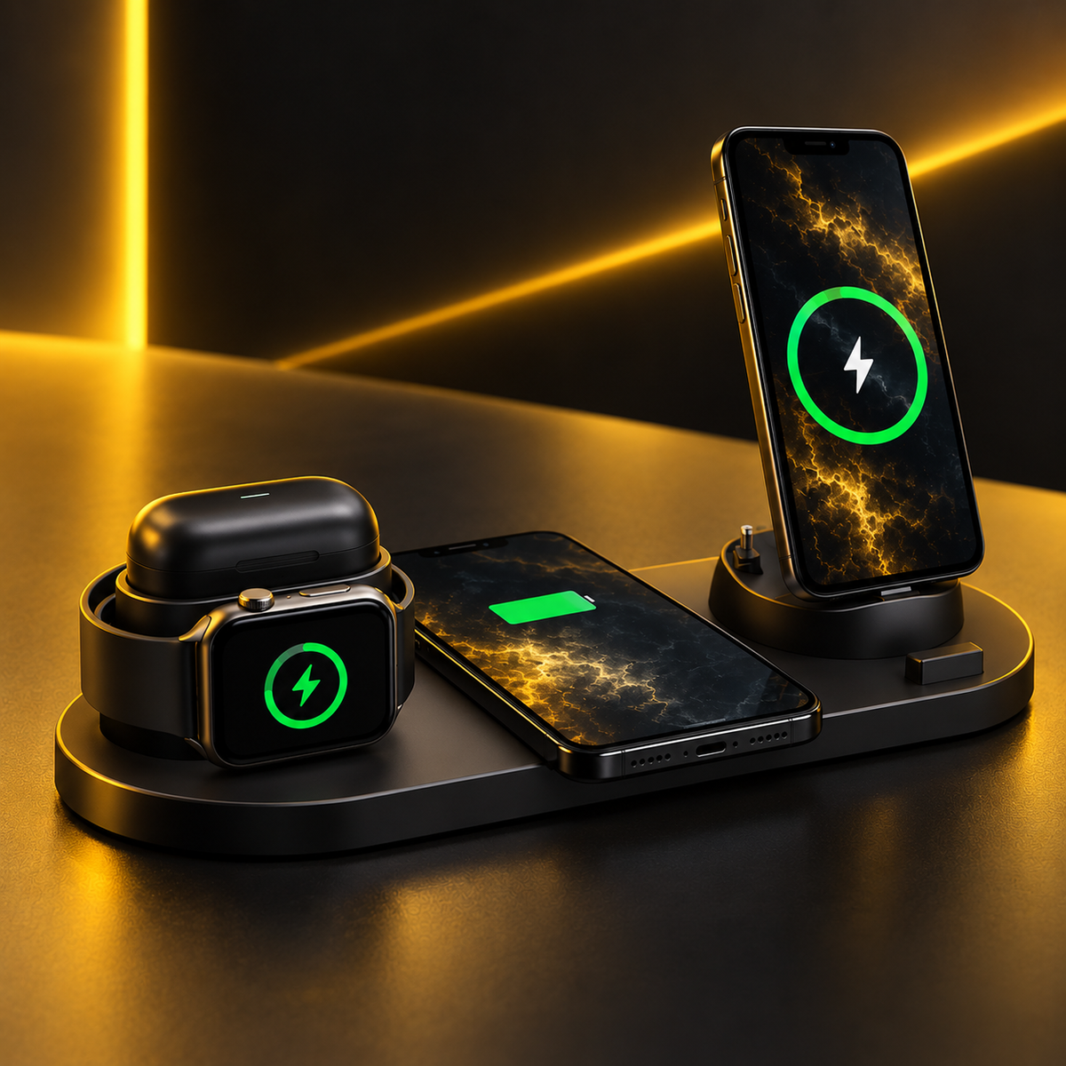 Low angle view of black 3-in-1 wireless charging station in black and yellow studio