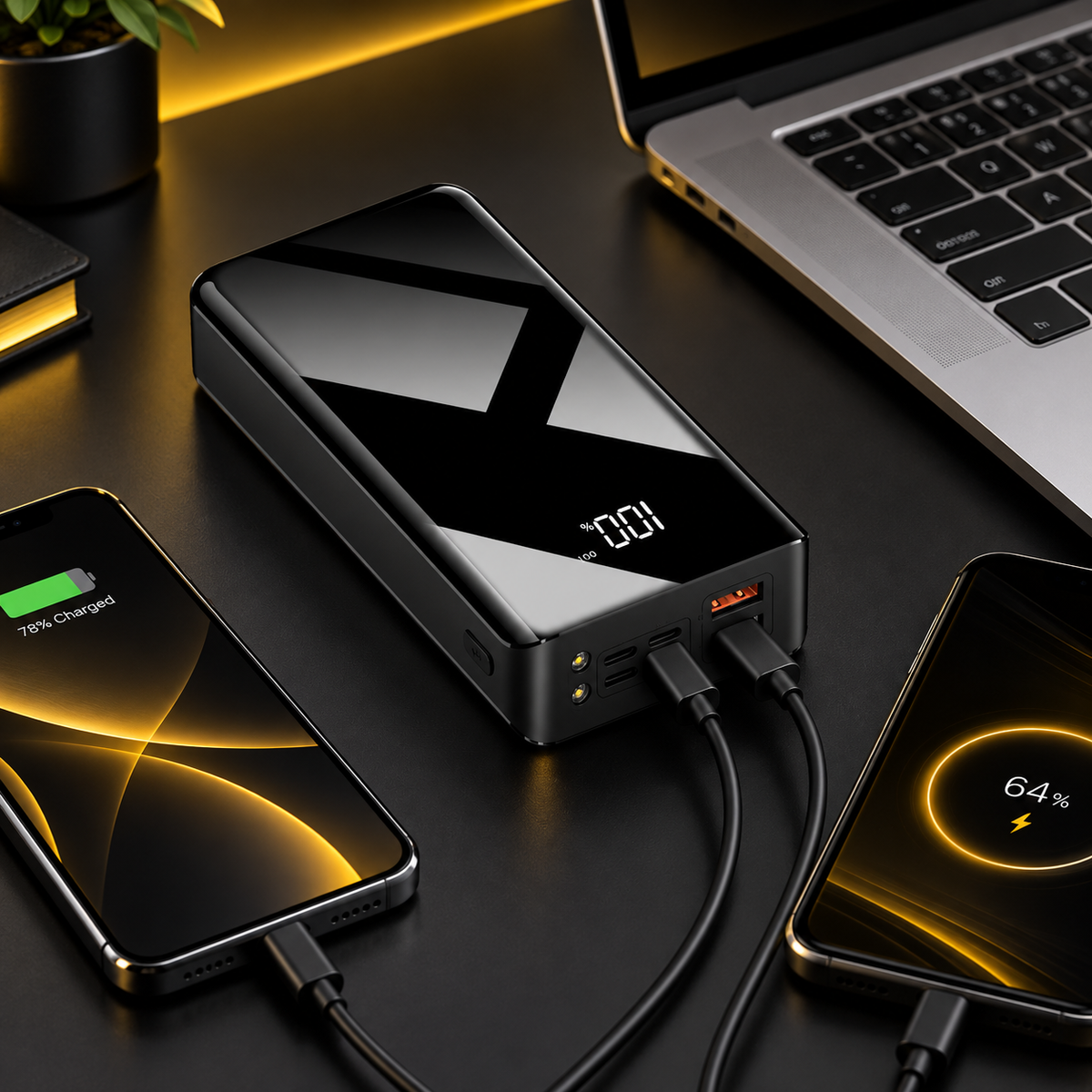 Black 30000mAh power bank charging two smartphones on a modern desk