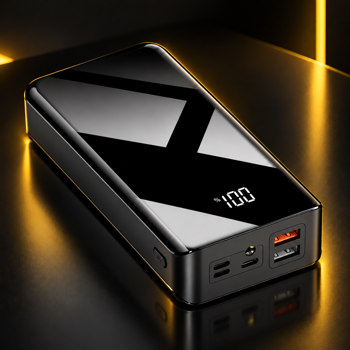 Black 30000mAh power bank with digital display and multiple charging ports